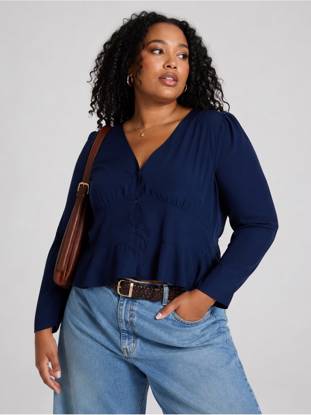 Eloquii Pintuck V Neck Button Peplum Long Sleeve Navy Blue Blouse Size 16
